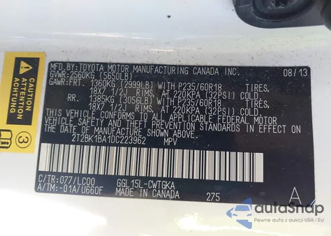 2013 Lexus Rx 350 z USA, uszkodzony, nr VIN 2T2BK1BA1DC223962